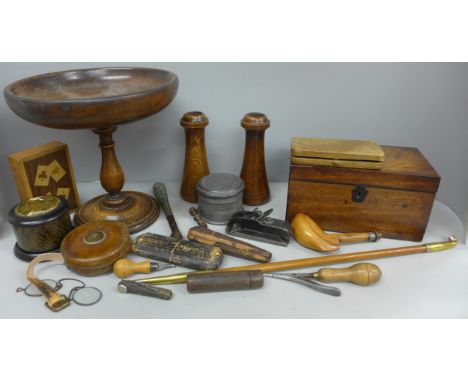A George III mahogany tea caddy, an early 20th century oak tazza, pipes, cigar cutter, and other items.