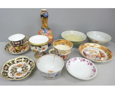 A collection of mixed china including Royal Crown Derby Imari teacup and saucer, a Spode vase in Imari 697 pattern, and orien