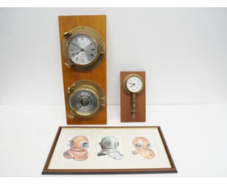 A collection of Maritime items including framed picture of diving helmets and mounted brass porthole clock **PLEASE NOTE THIS