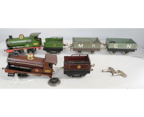Hornby 0 gauge model railway track with two tank locomotives (a/f) and wagons, with other accessories. Together with a game o