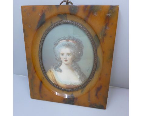 An early 20th Century portrait miniature of a lady in 18th century dress, in faux tortoiseshell frame, 12 x 10cms