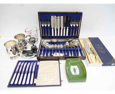 A mixed collection of items to include a canteen of cutlery, silver plated tankard, cameras including Coronet, a Player's Ple