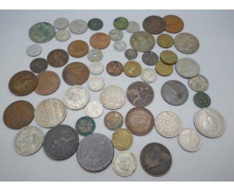 Collection of coins to include silver and two cartwheel penny farthings, etc.