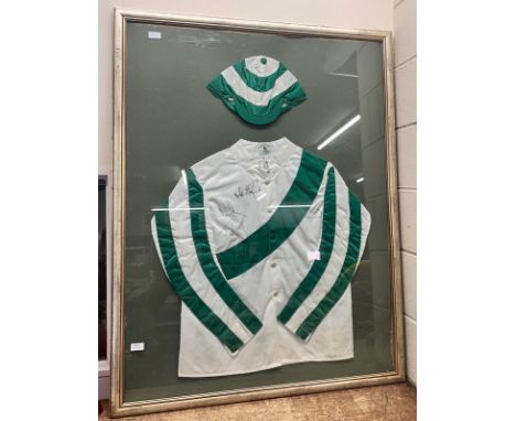 Horse racing, a signed A.P. McCoy worn jockey shirt and cap, framed with other signatures  **PLEASE NOTE THIS LOT IS NOT AVAI