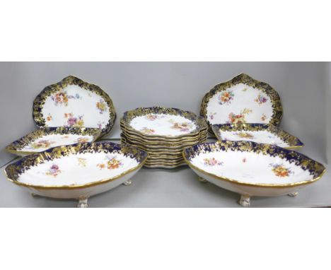 A Victorian Doulton Burslem cobalt blue and gilt part dinner service, circa 1890 (18), one bowl a/f