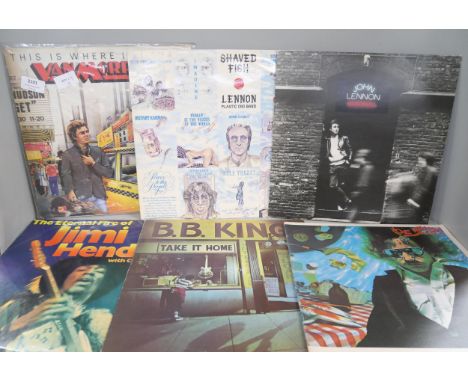 Twenty vinyl LP records, rock, soul, blues artists including Van Morrison, John Lennon, BB King, and Jimi Hendrix