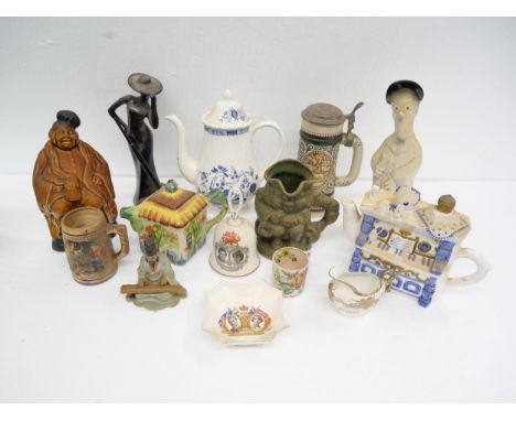 Assorted china including a Royal Tudor Blue Onion coffee pot, a green Toby Jug mug and a novelty piano teapot **PLEASE NOTE T