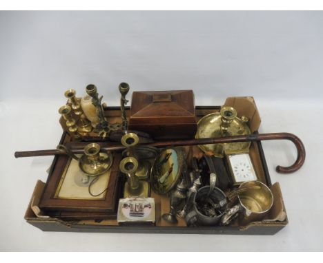 A box of collectables including a Victorian partridgewood tea caddy, 19th Century brassware, a wooden till etc.