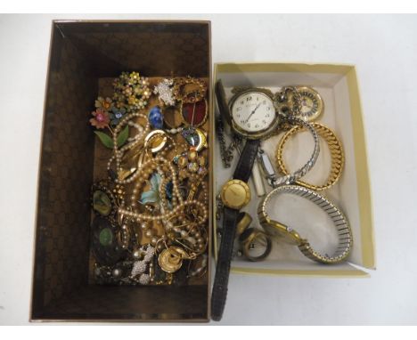 Two trays of costume jewellery including brooches, rings, pocket watches, wristwatches including Gucci, an enamel cheroot hol