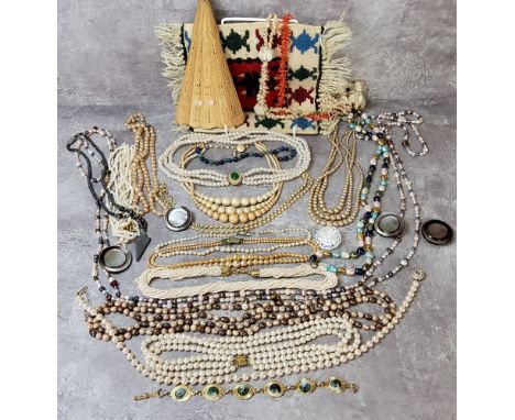 Bijouterie - pearl necklaces; shell work necklaces, mother of pearl buttons, Hermitite necklace, Navajo panel;etc 
