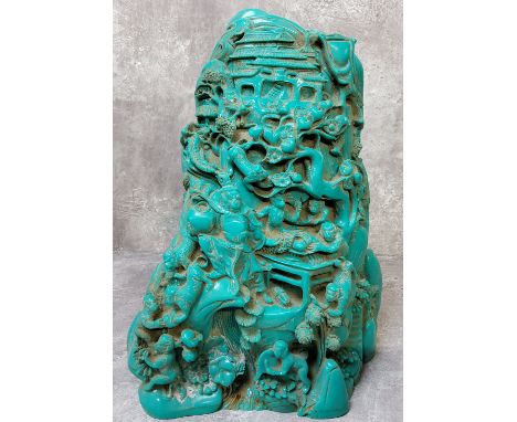 Oriental Objects of Desire - an impressive Chinese scholar's carved turquoise paste boulder, depicting&nbsp;Sun Wukong the mo