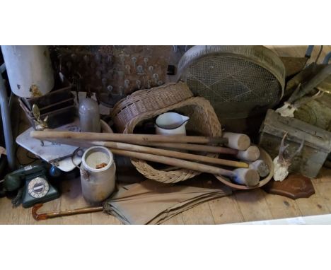 Taxidermy roe deer skulls, aluminum milk churns; croquet set; wicker basket; stove; butcher's scales, enamel jug, etc qty 