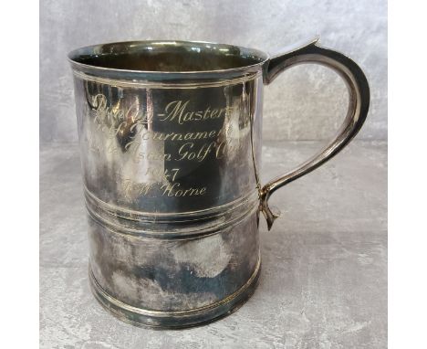 1947 Dunlop Masters Golf Tournament silver plated trophy tankard won by R W Horne (Reg Horne) and engraved Little Aston Golf 