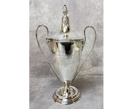 A George V silver twin handled golf trophy, ' G.G.C President's Cup 1923 won by R. Howlett ',Docker &amp; Burn Ltd, Birmingha