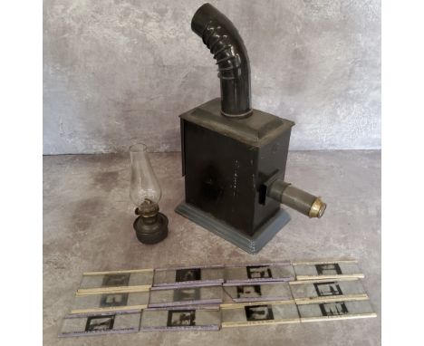 A Victorian magic lantern with original burner, embossed JF, 12 Foto-Fantom Photographic scenic slides 
