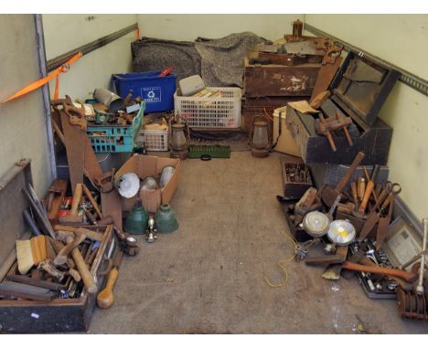 An entire workshop contents of tools, including a Victorian workbox with contents; bull nose plane, Victorian routing tool, S