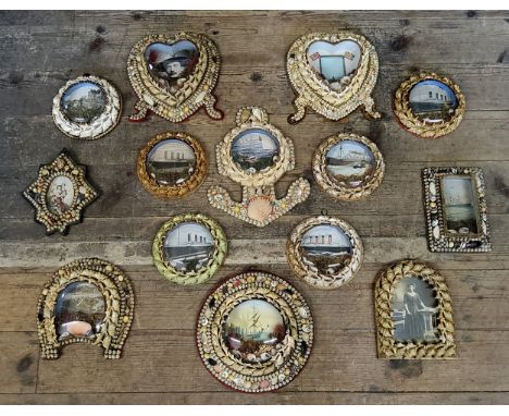 A very good collection of Fourteen Victorian shell-work souvenir porthole pictures, late 19th/early 20th century, most with c