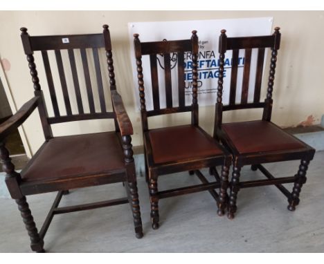 Three 1930s oak bobbin turned chairs