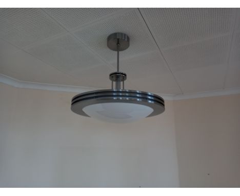 An Art deco style chrome hanging ceiling light fitting aprox 36" dia