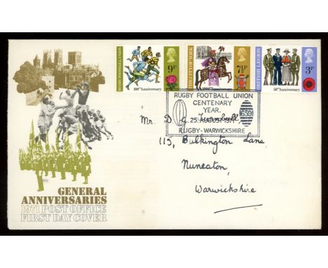 1971 General Anniversaries Post Office FDC with Rugby Football Union Centenary Year Rugby special H/S. Handwritten address, f