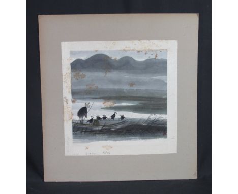 CHINESE SCHOOL, CIRCLE OF LIN FENGMIAN (Chinese 1900-1991), fisherman with cormorants, watercolours laid on card, bearing sig