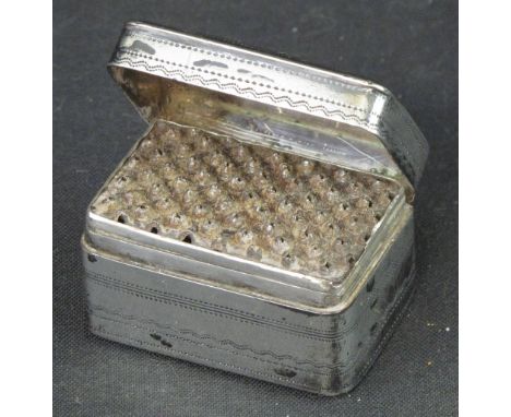 GEORGE IV SILVER NUTMEG GRATER of rectangular form, overall engraved with floral sprays and banding.  Birmingham 1826, maker'