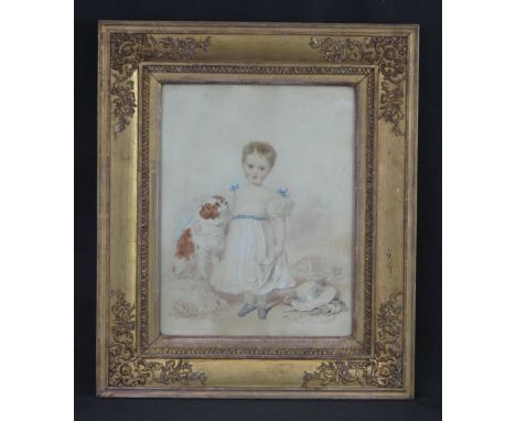 VICTORIAN SCHOOL, portrait of a little girl with King Charles Spaniel and large country house beyond, pencil and watercolours