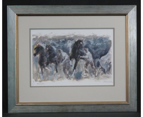 ANEURIN M. JONES, (Welsh, 20th Century), 'Meirch' (Stallions), signed and titled in pencil by the artist, coloured print. 26 