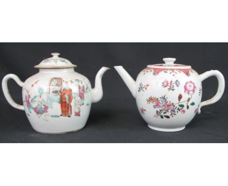 TWO CHINESE PORCELAIN TEAPOTS of bullet form, one 18th Century, overall painted with 'Deutsch Blumen' pattern of flowers and 