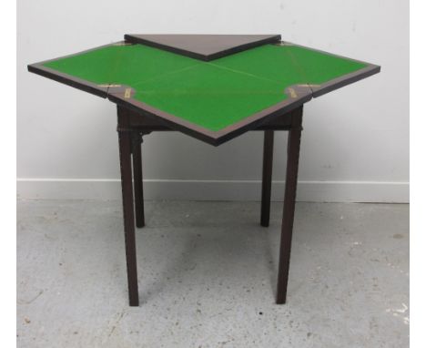 19TH CENTURY MAHOGANY SINGLE DRAWER FOLDING ENVELOPE CARD TABLE having moulded edges to the top and carved beadwork, with pie