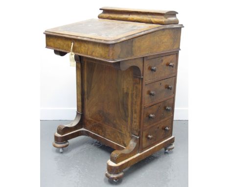LATE VICTORIAN WALNUT DAVENPORT DESK having lidded stationary compartment, inset leather writing surface and four fitted draw