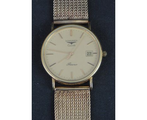 LONGINES 9CT GOLD 'RESENCE' GENTLEMAN'S QUARTZ WRISTWATCH, the face with baton numerals and date aperture, with sweep seconds