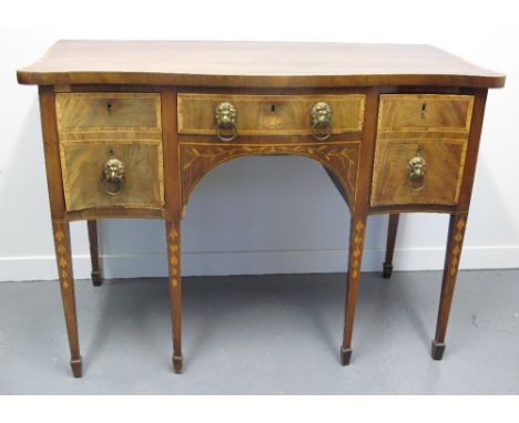 LATE 18TH CENTURY MAHOGANY SERPENTINE FRONTED SIDEBOARD of small proportions, having a rosewood, crossbanded and satinwood st