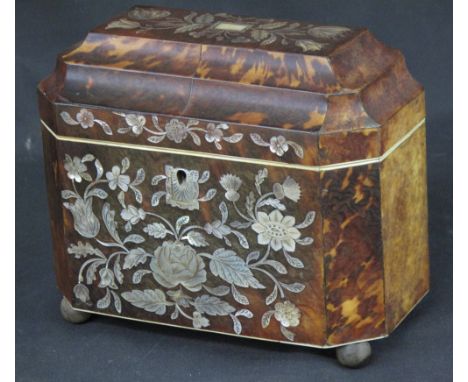 A GOOD 18TH CENTURY TORTOISESHELL TEA CADDY of rectangular form with straight sides, canted angles and stepped, hinged cover,