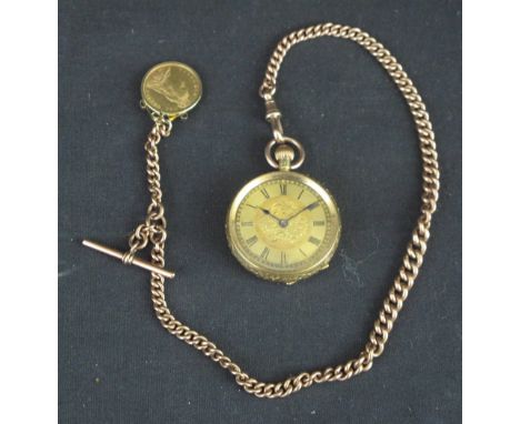 19TH CENTURY 18CT GOLD LEVER FOB WATCH with engine turned face, having Roman numerals and foliate engraved cartouche back, st