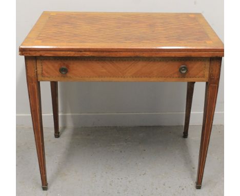 19TH CENTURY CONTINENTAL GEOMETRICALLY INLAID AND BANDED FOLD OVER STRAIGHT FRONTED CARD TABLE in mixed woods, opening to rev