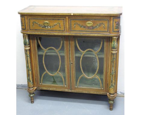 A VICTORIAN PAINTED SATINWOOD SIDE CABINET overall decorated with painted floral swags and having rosewood crossbanding and s