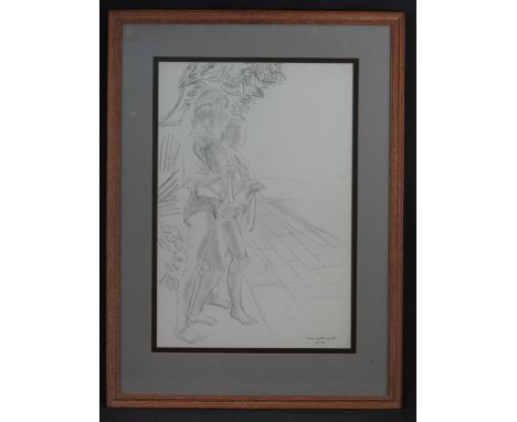 DAME LAURA KNIGHT, (British, 1877-1970), 'By the Swimming Pool', portrait study of two young girls, pencil sketch, signed and