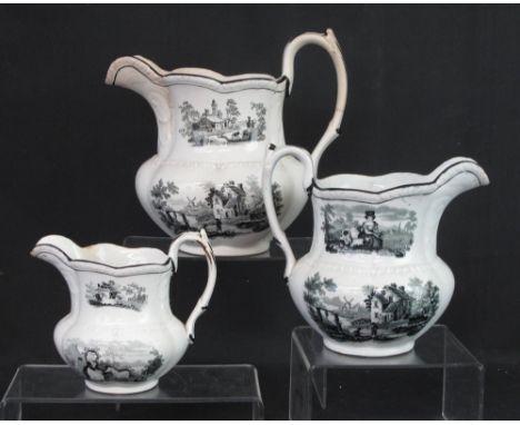 SET OF THREE 19TH CENTURY SWANSEA POTTERY POUCH SHAPE DRESSER JUGS decorated with figures, animals and landscapes in black tr