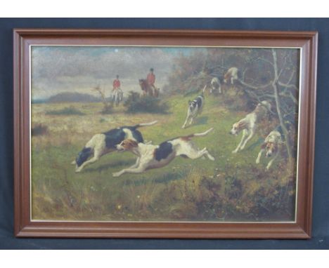 ALFRED DUKE, (British, died 1905), fox hunting scene with hounds on the scent, oils on canvas, signed and dated: 1892. 41 x 6
