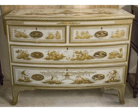 BOWFRONTED CHEST, 19th century English and later gilt chinoiserie decorated on a French grey ground with two short and three 