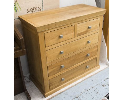 OAK CHEST, two short over three long drawers, 95cm x 45cm x 90cm H.