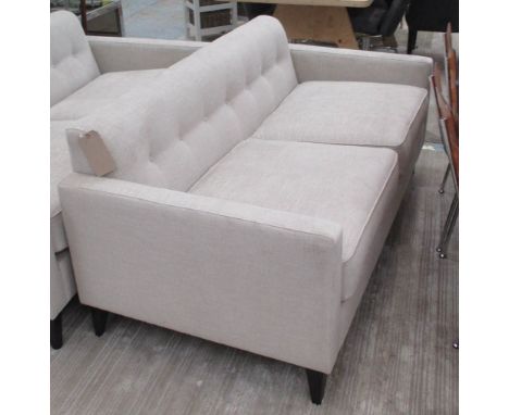 SOFA, two seater, button back in light grey on square ebonised supports, 170cm L.