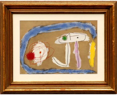 JOAN MIRO 'Personnage', hand coloured pochoir, 1965, limited edition 1200, signed in the plate, 22cm x 31cm, framed and glaze