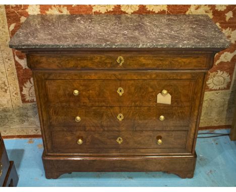 HALL COMMODE, 19th century French Louis Philippe burr walnut of shallow proportions with four long drawers and marble top, 93