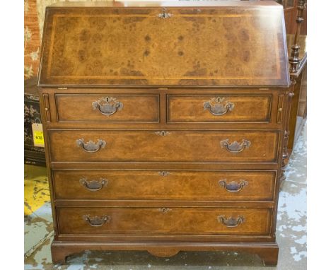 BUREAU, Georgian style burr walnut with sloping fall enclosing a green leather lined fitted interior above five drawers, 100c