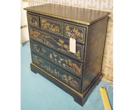 CHINOISERIE CHEST, early 18th century style black lacquered and gilt decorated with three short above three long drawers, 83c