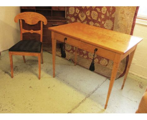 BIEDERMEIER STYLE WRITING TABLE, satin birch with a rectangular top and two short drawers below on square tapered supports wi
