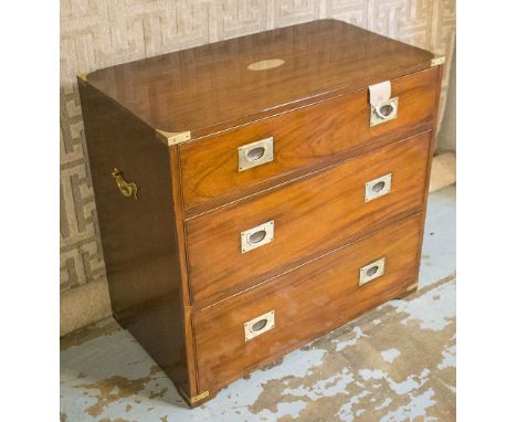 CHEST, Campaign style mahogany and brass bound with three long drawers, 45cm D x 75cm H x 79cm W.