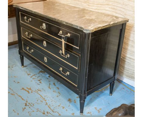 DIRECTOIRE COMMODE, early 19th century and later French ebonised and silver metal mounted with variegated grey marble top and